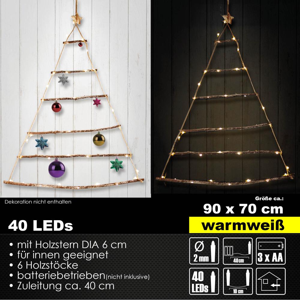 Wandbaum aus Holz 40 LED Lichterkette Batterie Deko mit Holzstern Innen Wandbild Bild 1