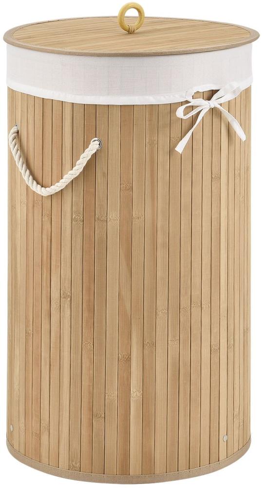 Juskys Bambus Wäschekorb Curly-Round – 55 Liter Volumen – Wäschesammler mit Deckel, Tragegriffen & Stoff Wäschesack – 1 Fach Wäschebox – in Natur Bild 1