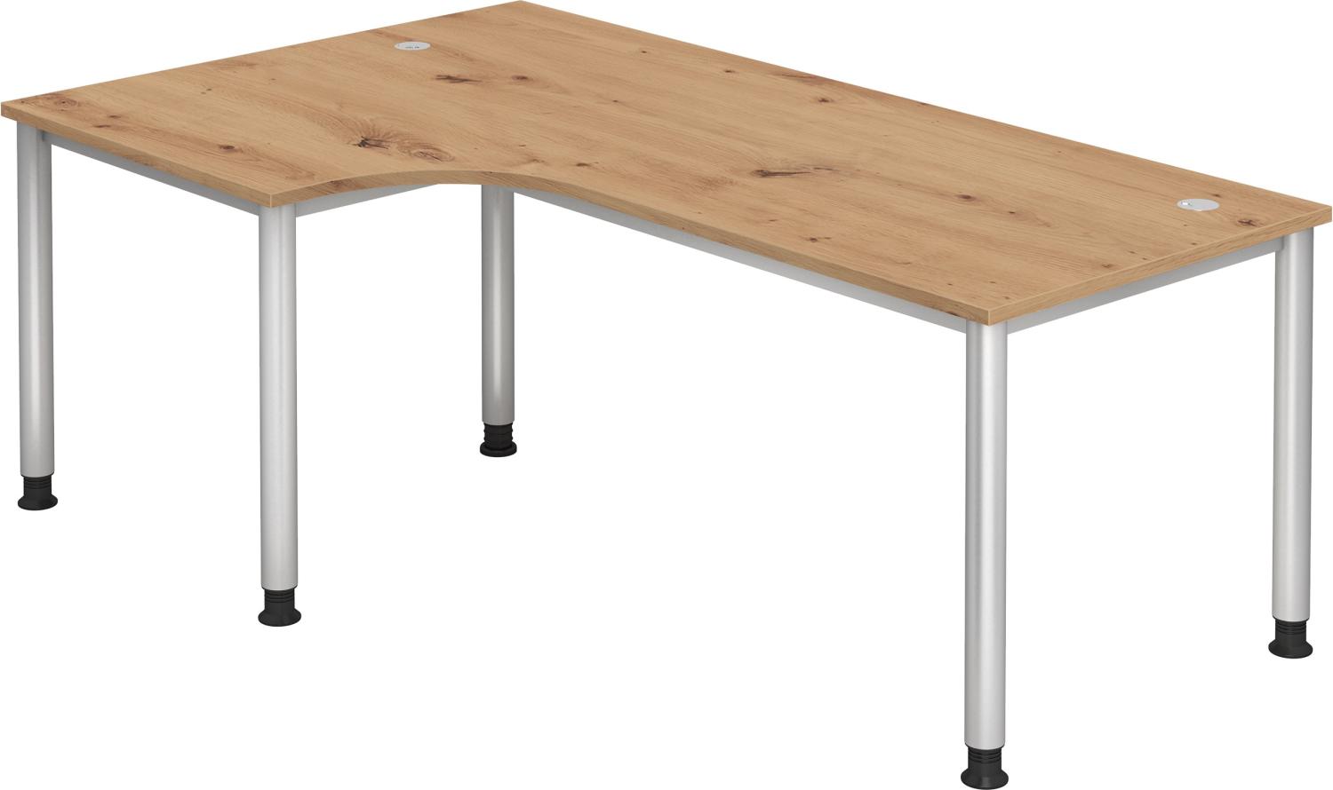 bümö® Eckschreibtisch H-Serie höhenverstellbar, Tischplatte 200 x 120 cm in Asteiche, Gestell in silber Bild 1