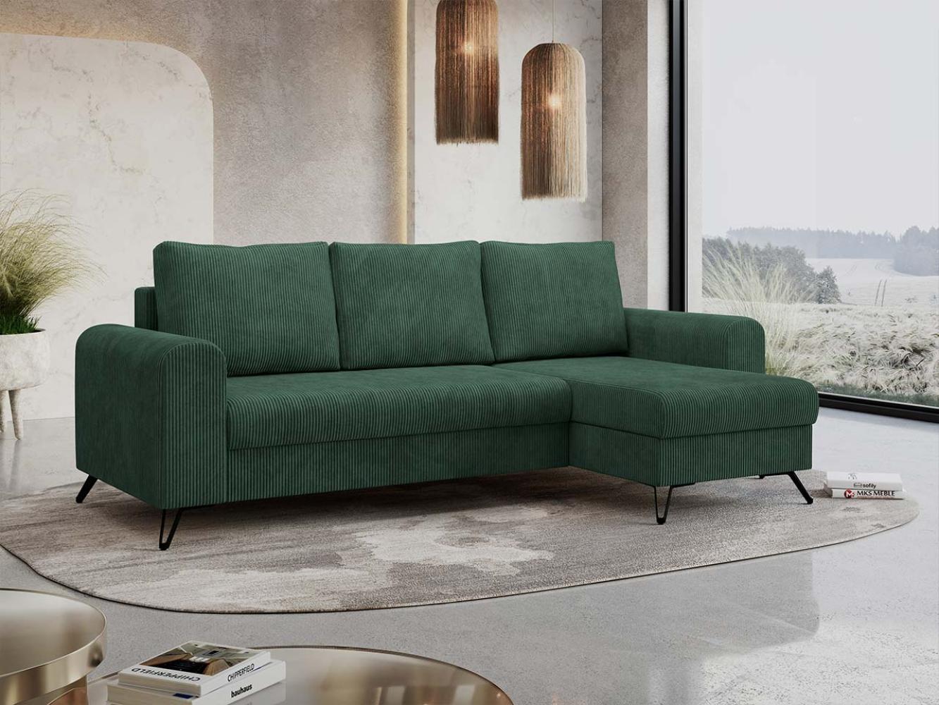 Ecksofa Wohnzimmer aus Cordstoff mit Schlaffunktion - HUGO-lin - Grün Velours Bild 1