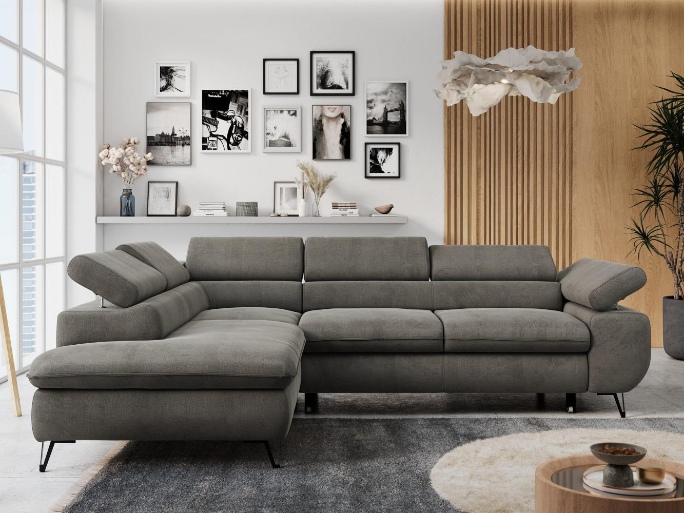 Ecksofa mit Bettfunktion, Modern Sofa, L-form, Einstellbare Kopfstützen, Bettkasten - PETER - Dunkelgrau Velours - Topper T25 - links Bild 1