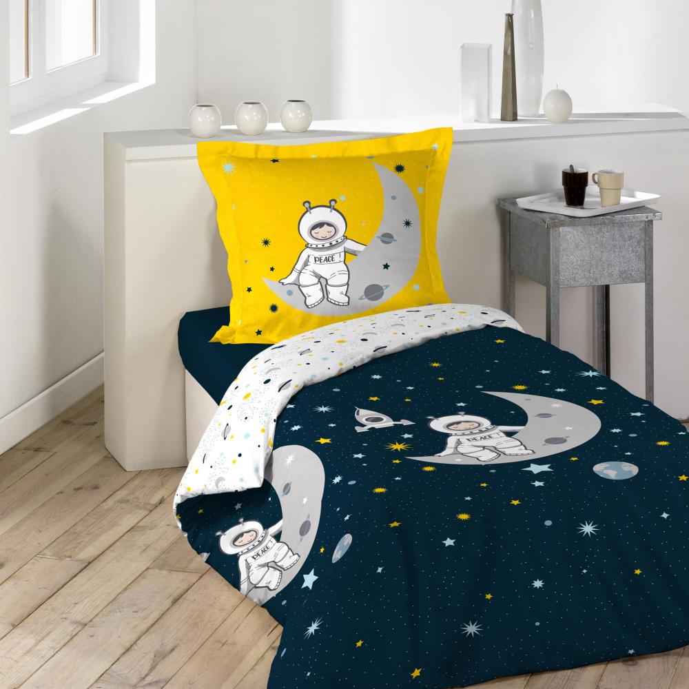 2tlg. Kinder Wende Bettwäsche 140x200 Baumwolle Astronaut Mond Bett Decke Bezug Bild 1