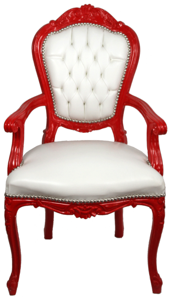 Casa Padrino Luxus Barock Esszimmer Stuhl mit Armlehnen Weiß / Rot - Handgefertigter Küchen Stuhl mit edlem Kunstleder - Barock Esszimmer Möbel Bild 1