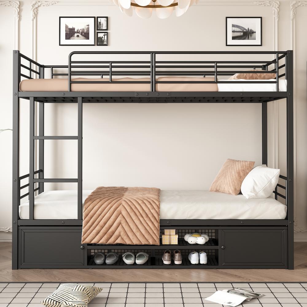 Merax 90x200cm Eisenrahmenbett, Etagenbett, Offener schuhschrank, Doppeltüriger kleiner lagerschrank, Geeignet für Kinder und Jugendliche, mit Seitenleiter, mit Fallschutzgitter, Eisen + MDF, Schwarz Bild 1