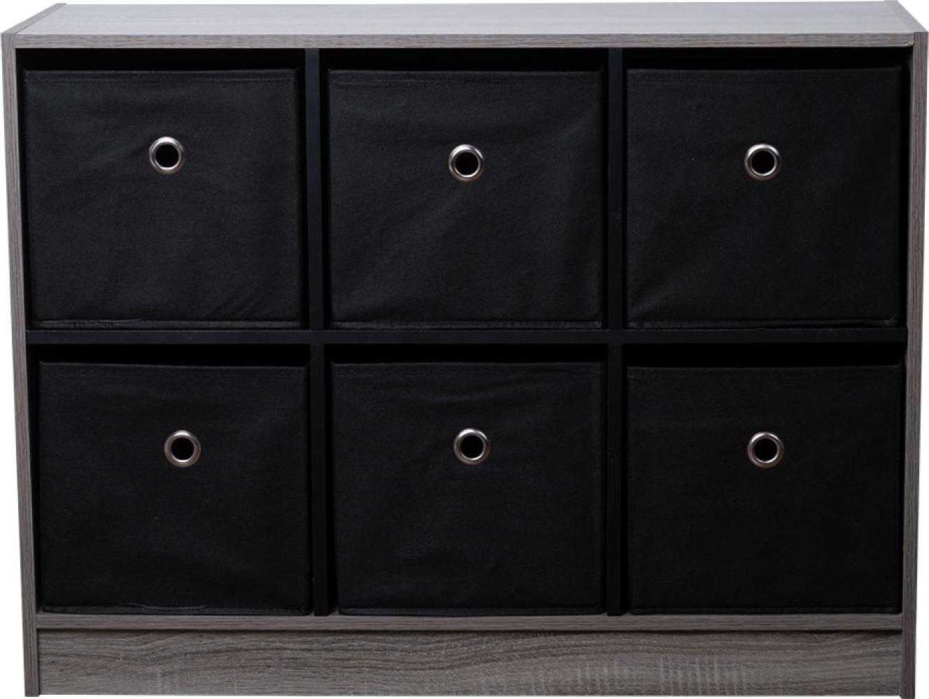 Regal, Holz, schwarz grau, 6 Fächer + Stoffboxen, B 80 cm Bild 1