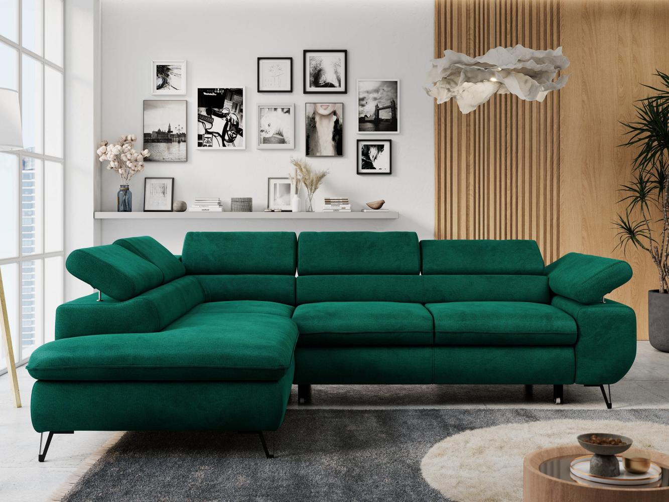 Ecksofa mit Bettfunktion, Modern Sofa, L-form, Einstellbare Kopfstützen, Bettkasten - PETER - Dunkelgrün Velours - Topper T25 - links Bild 1