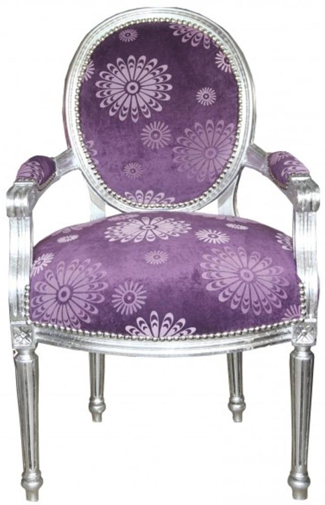 Casa Padrino Luxus Barock Salon Stuhl Lila Blumen Muster / Silber Mod2 Rund Möbel Bild 1
