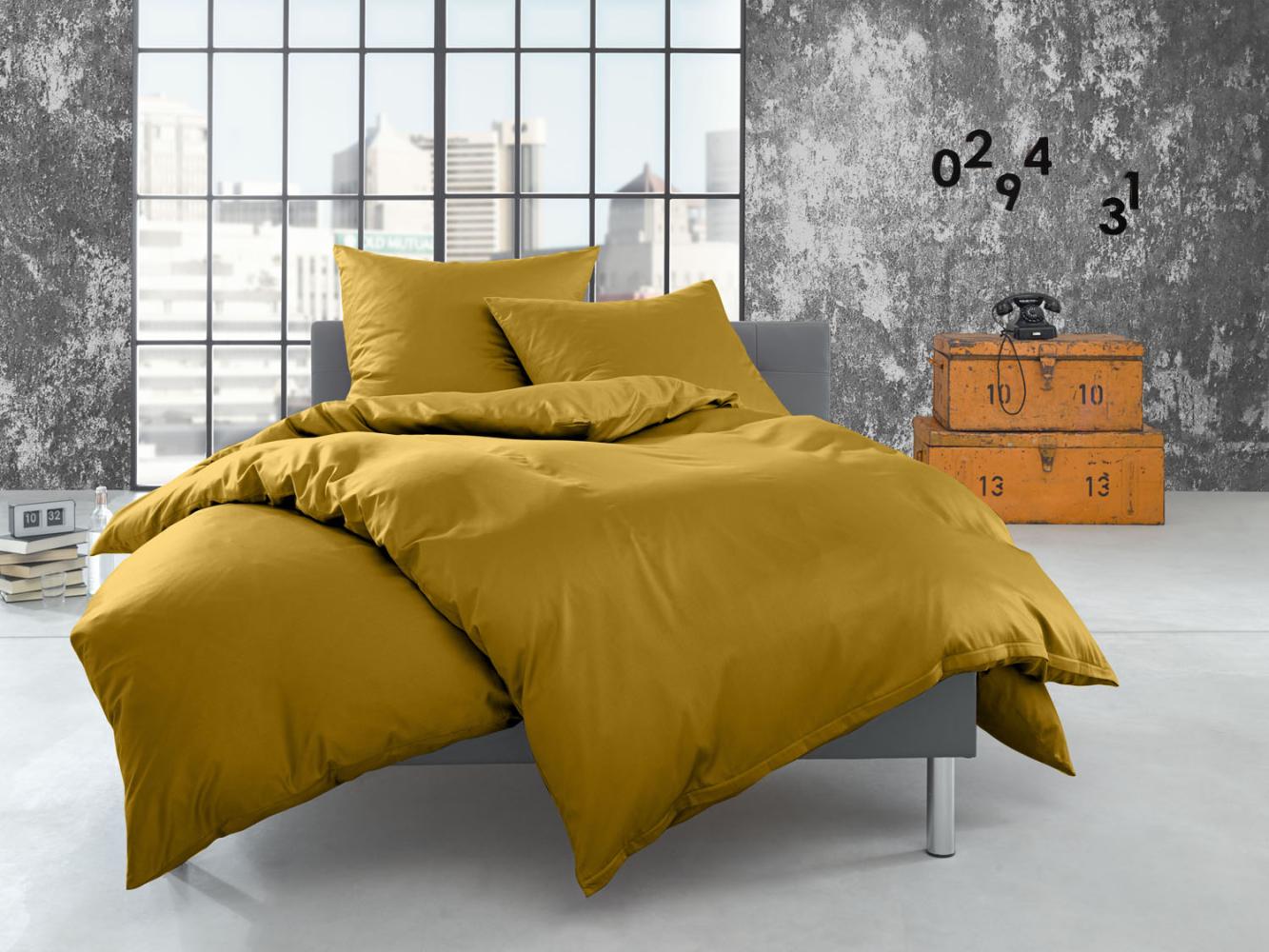 Bettwaesche-mit-Stil Flanell Bettwäsche uni / einfarbig gold Garnitur 200x200 + 2x 80x80 cm Bild 1