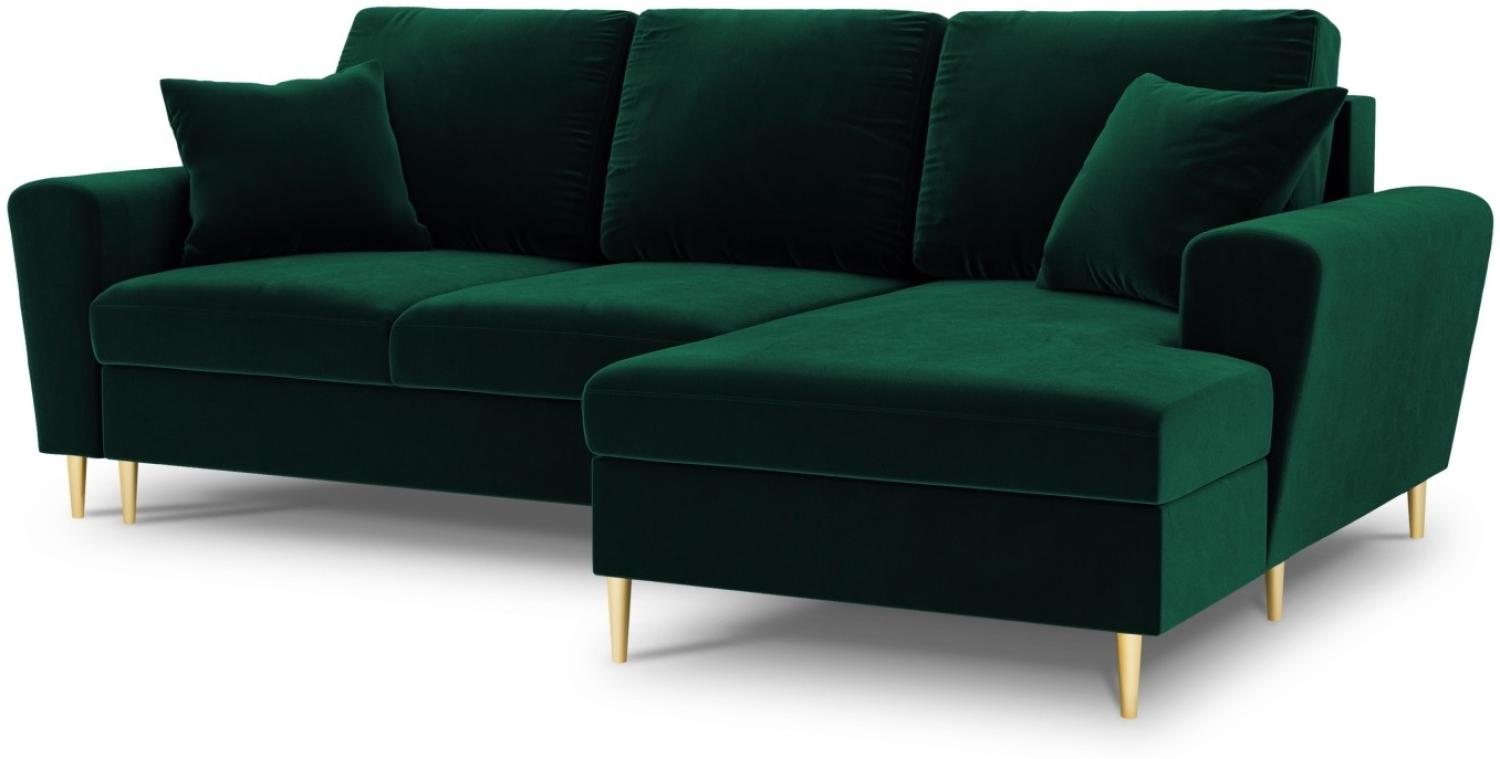Micadoni 4-Sitzer Samtstoff Ecke rechts Sofa mit Bettfunktion und Box Moghan | Bezug Bottle Green | Beinfarbe Gold Metal Bild 1