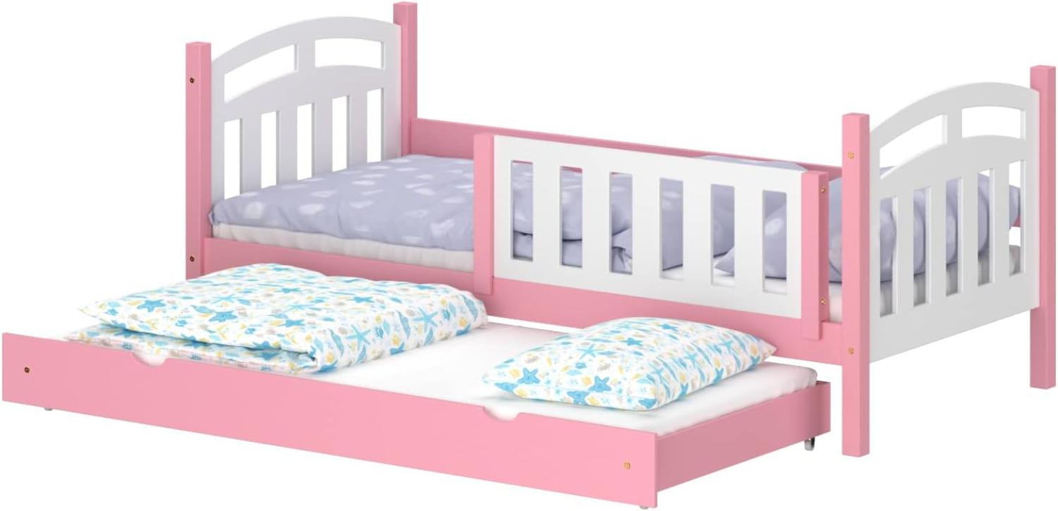 WNM Group Kinderbett Ausziehbar Suzie - aus Massivholz - Ausziehbett für Mädchen und Jungen - Hohe Qualität Bett mit Rausfallschutz für Kinder 180x90 / 170x90 cm - Rosa Bild 1