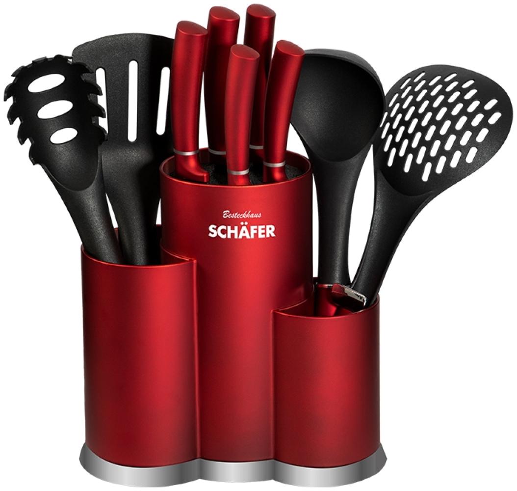 Schäfer 11-teiliges Messerblock Messer-Set sehr hochwertiges mit Bürsteneinsatz Brotmesser Spaghettilöffel Zubehör Rot Bild 1