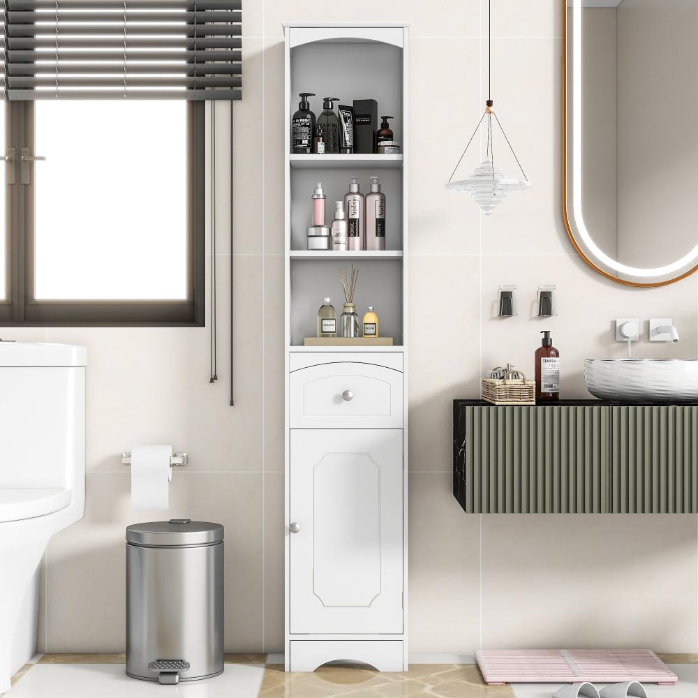 Merax Badezimmerschrank, Badschrank, Badezimmermöbel mit Einer Schublade, verstellbare Ablagen, offenes Fach, weiß Bild 1