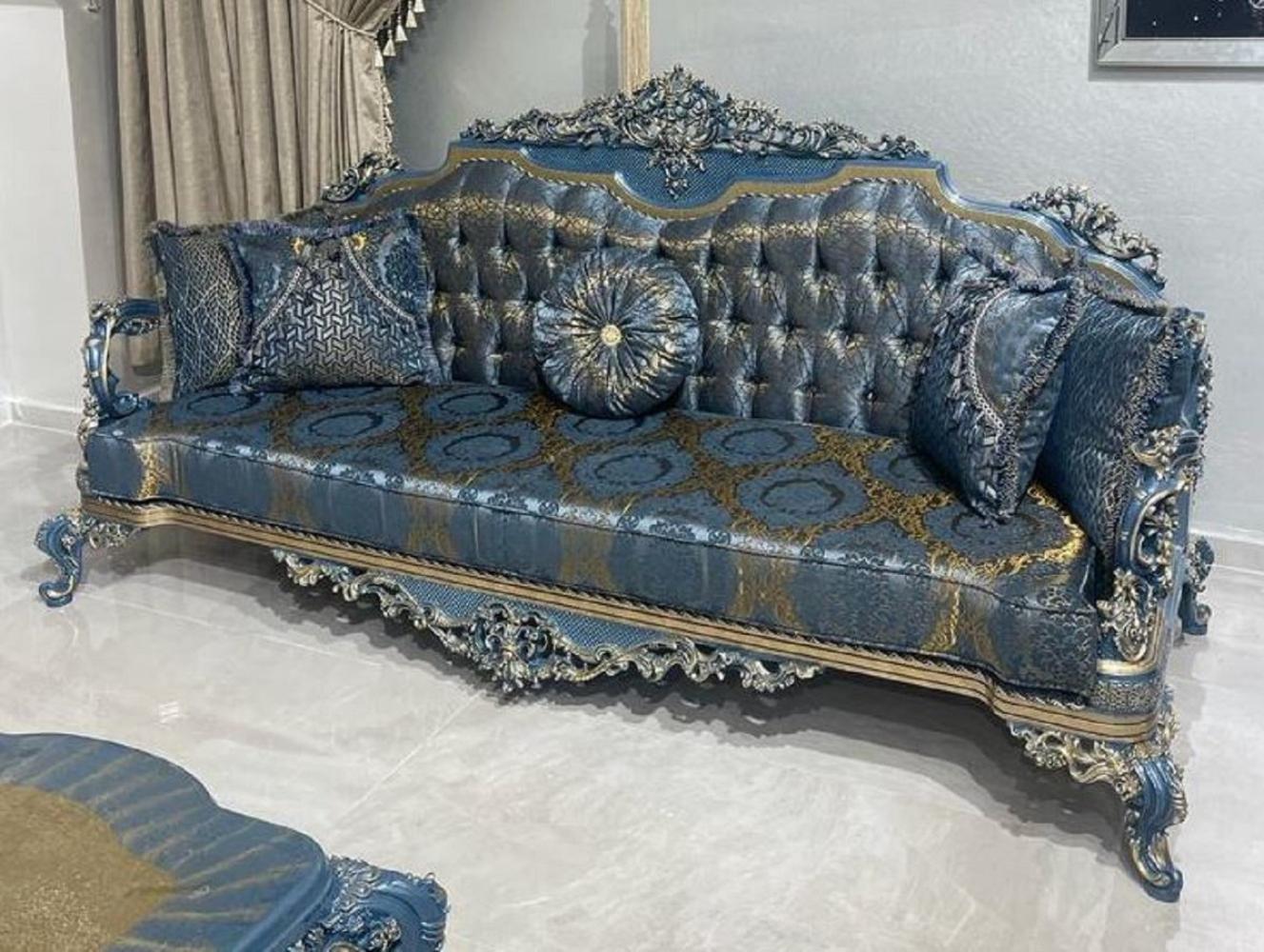 Casa Padrino Luxus Barock Sofa Blau / Gold - Prunkvolles Wohnzimmer Sofa mit elegantem Muster - Barockstil Wohnzimmer Möbel - Luxus Möbel im Barockstil - Edel & Prunkvoll Bild 1