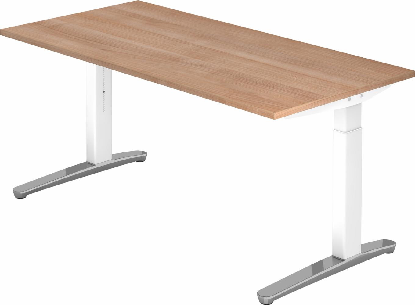 bümö® Design Schreibtisch XB-Serie höhenverstellbar, Tischplatte 160 x 80 cm in Nussbaum, Gestell in weiß/alu poliert Bild 1