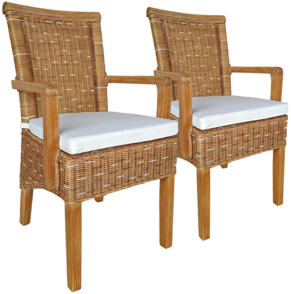 Esszimmer Stühle Set mit Armlehnen 2 Stück Rattanstuhl Perth capuccino Korbstuhl Sessel nachhaltig mit Sitzkissen Leinen weiss Bild 1