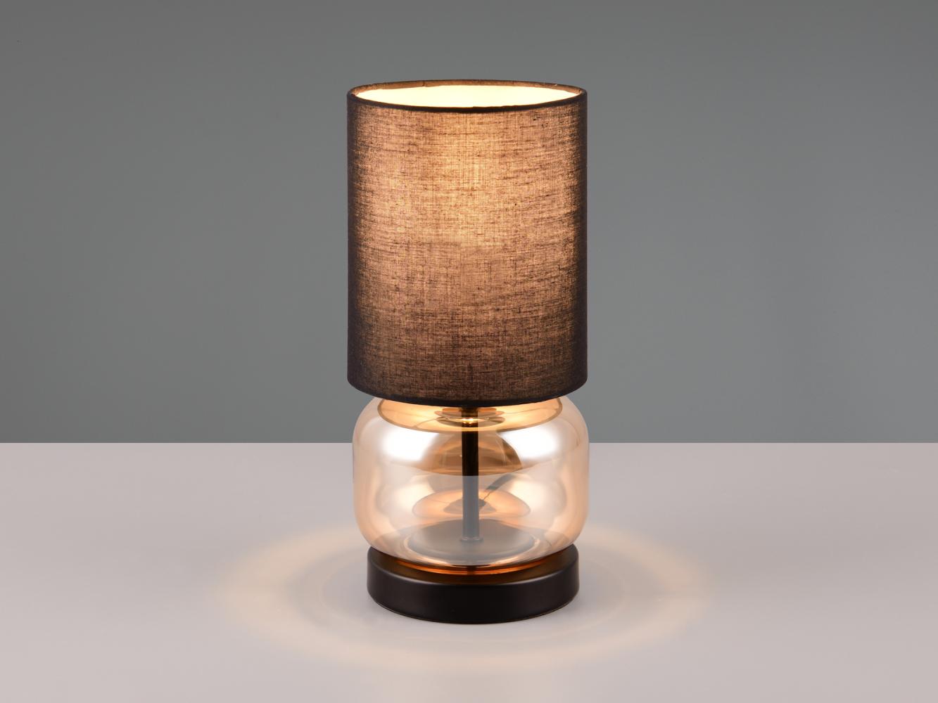 LED Tischleuchte mit Glasfuß Amber und Stoffschirm Schwarz, Höhe 28cm Bild 1