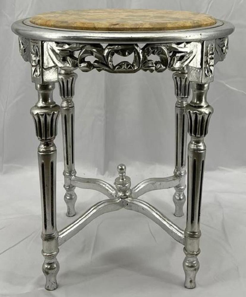 Casa Padrino Barock Beistelltisch Silber / Creme - Handgefertigter Antik Stil Massivholz Tisch mit Marmorplatte - Wohnzimmer Möbel im Barockstil - Antik Stil Möbel - Barock Einrichtung - Barock Möbel Bild 1