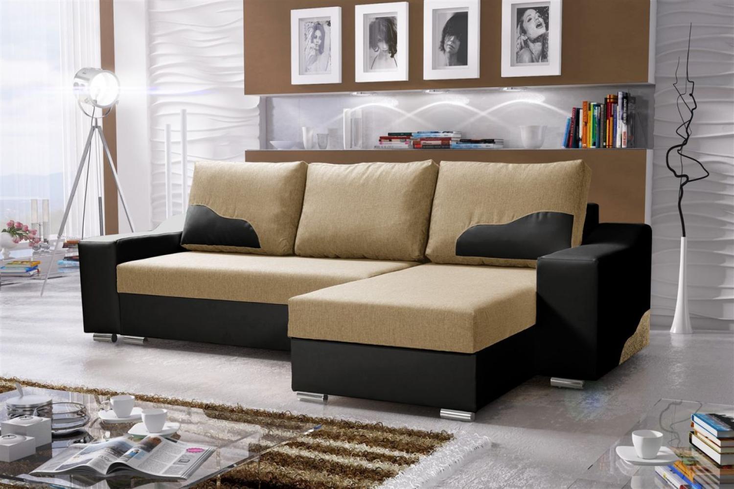 Ecksofa Sofa COLLIN mit Schlaffunktion Schwarz / Beige Ottomane Rechts Bild 1