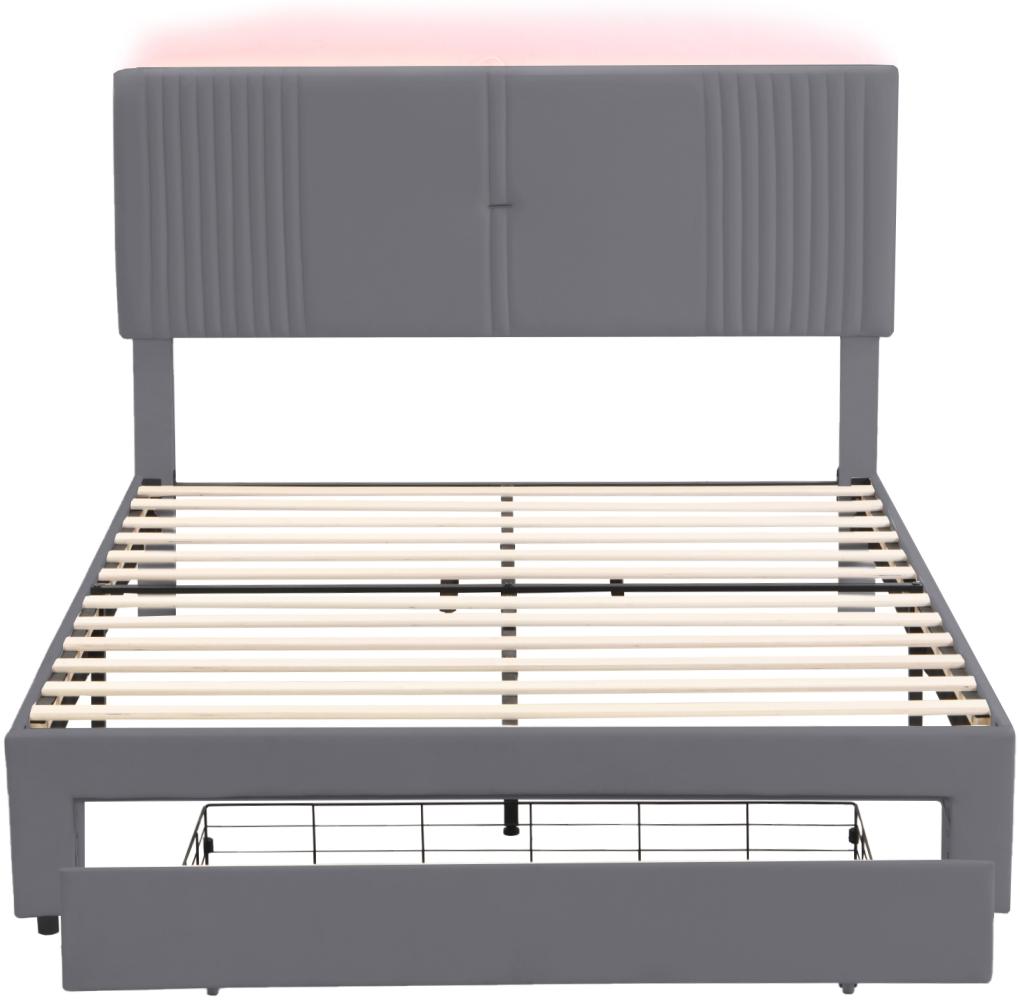 Merax Polsterbett 140 x 200 cm, Doppelbett mit Lichtleiste und USB-Buchse, großer Schublade, Doppelbett in Samtstoff, für Erwachsene, Grau Bild 1