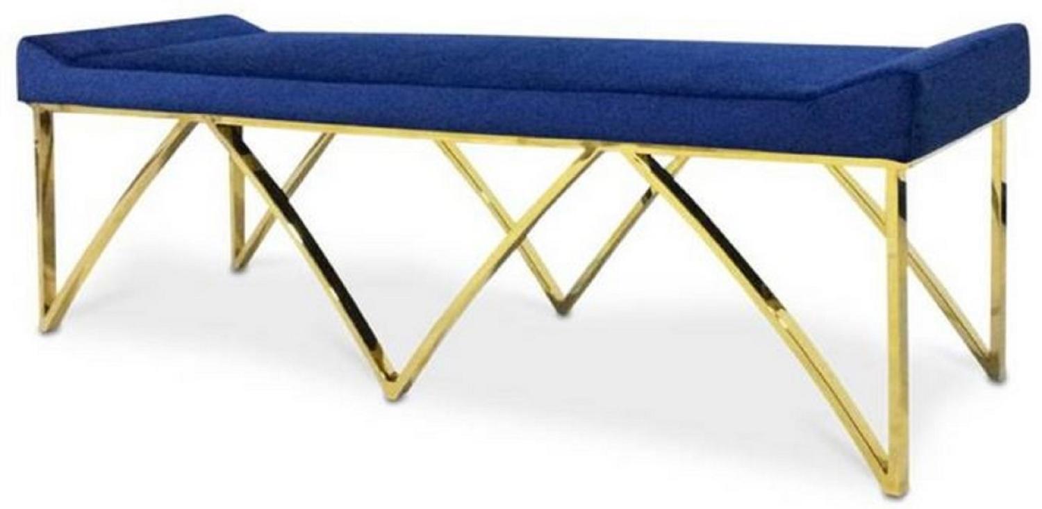 Casa Padrino Luxus Sitzbank Blau / Gold 152 x 65 x H. 50 cm - Gepolsterte Samt Bank mit Edelstahl Beinen - Luxus Qualität Bild 1