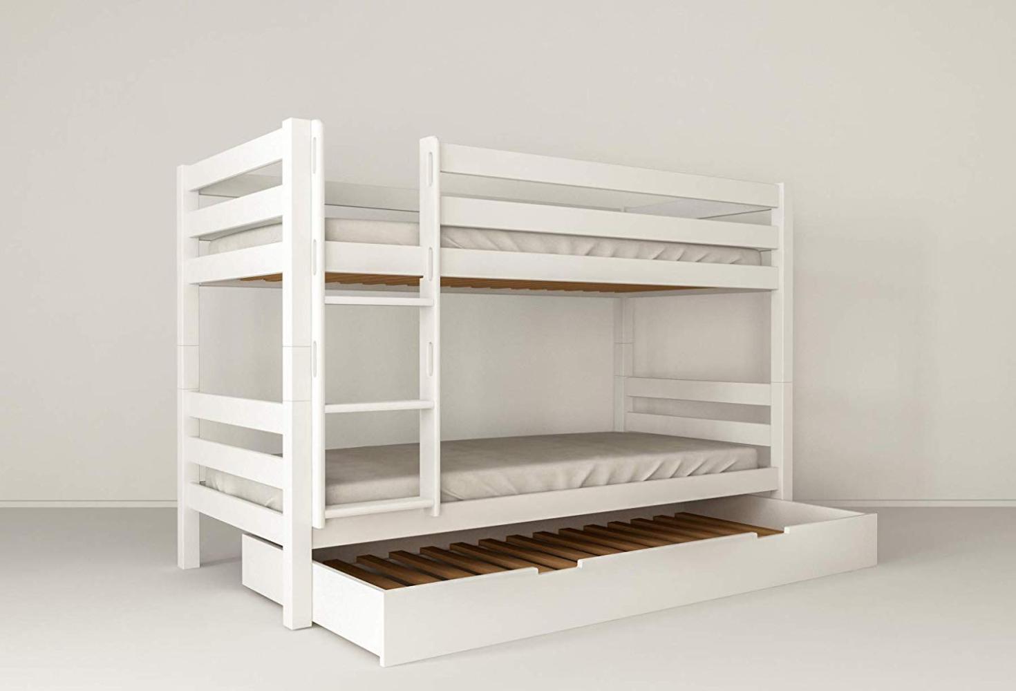 Polini-Kids 'Mark' Etagenbett mit Zusatzbett-Bettkasten, massives Buchenholz weiß, 90 x 200 cm Bild 1