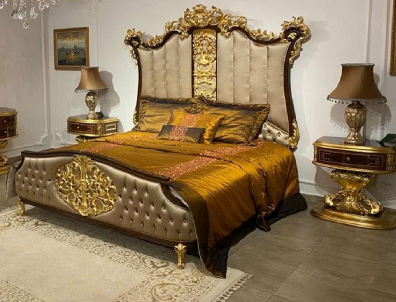 Casa Padrino Luxus Barock Schlafzimmer Set Silber / Dunkelbraun / Gold - 1 Doppelbett mit Kopfteil & 2 Nachtkommoden - Hochwertige Schlafzimmer Möbel im Barockstil - Edel & Prunkvoll Bild 1