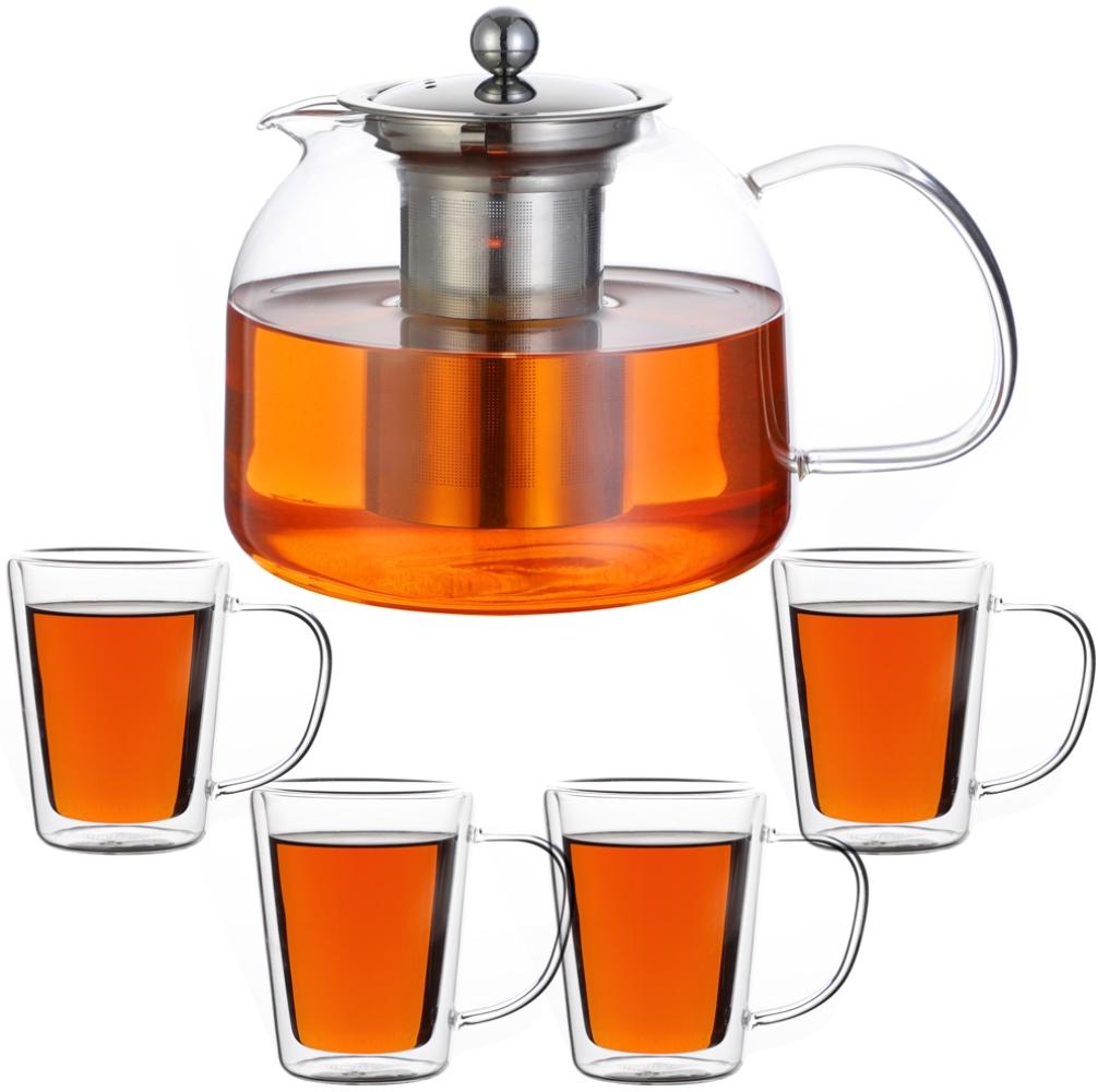 Monzana Teekanne Glas mit Edelstahl Sieb 1,5 L + 4er Set Teegläser Bild 1
