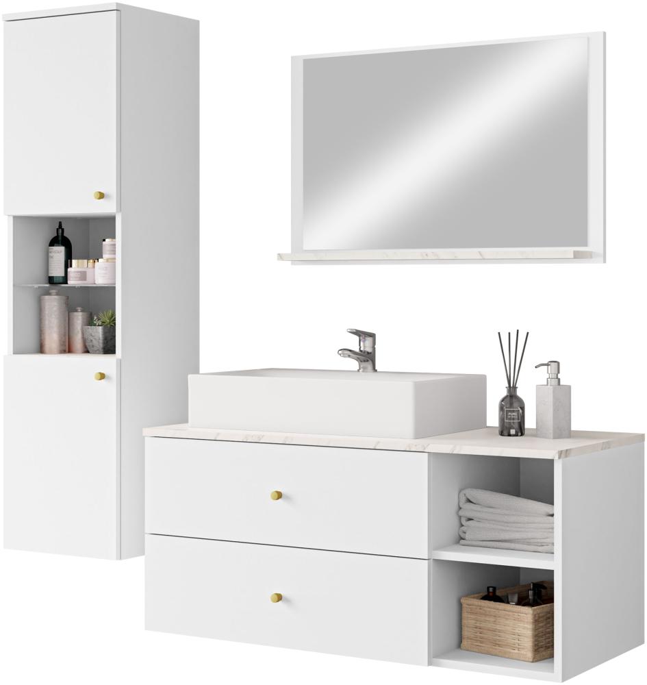 Badmöbel Set Kormen II mit Waschbecken und Siphon (Farbe: Weiß + Marmor Bianco) Bild 1