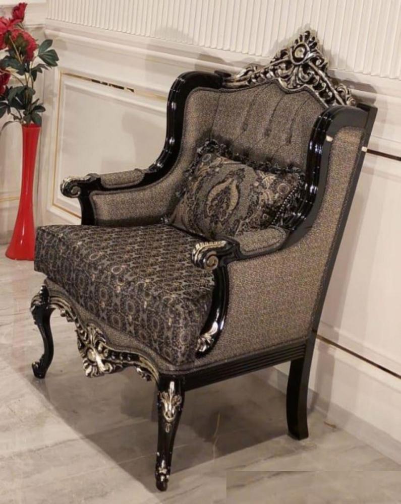 Casa Padrino Luxus Barock Wohnzimmer Sessel Grau / Schwarz / Gold - Prunkvoller Sessel mit elegantem Muster - Handgefertigte Barock Wohnzimmer Möbel Bild 1