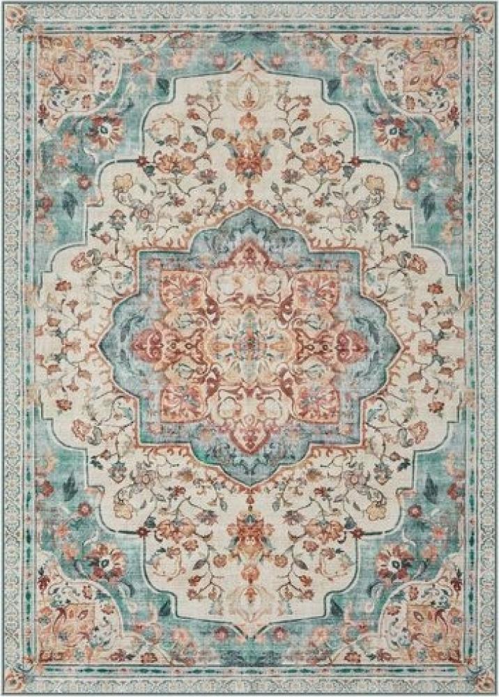 SONGMICS HOME Teppich, 153 x 214 cm, Wohnzimmerteppich, Rutschfester Teppich, traditioneller Vintage-Stil, für Wohnzimmer, Küche, Flur, Esszimmer, maschinenwaschbar, aquamarinblau Bild 1