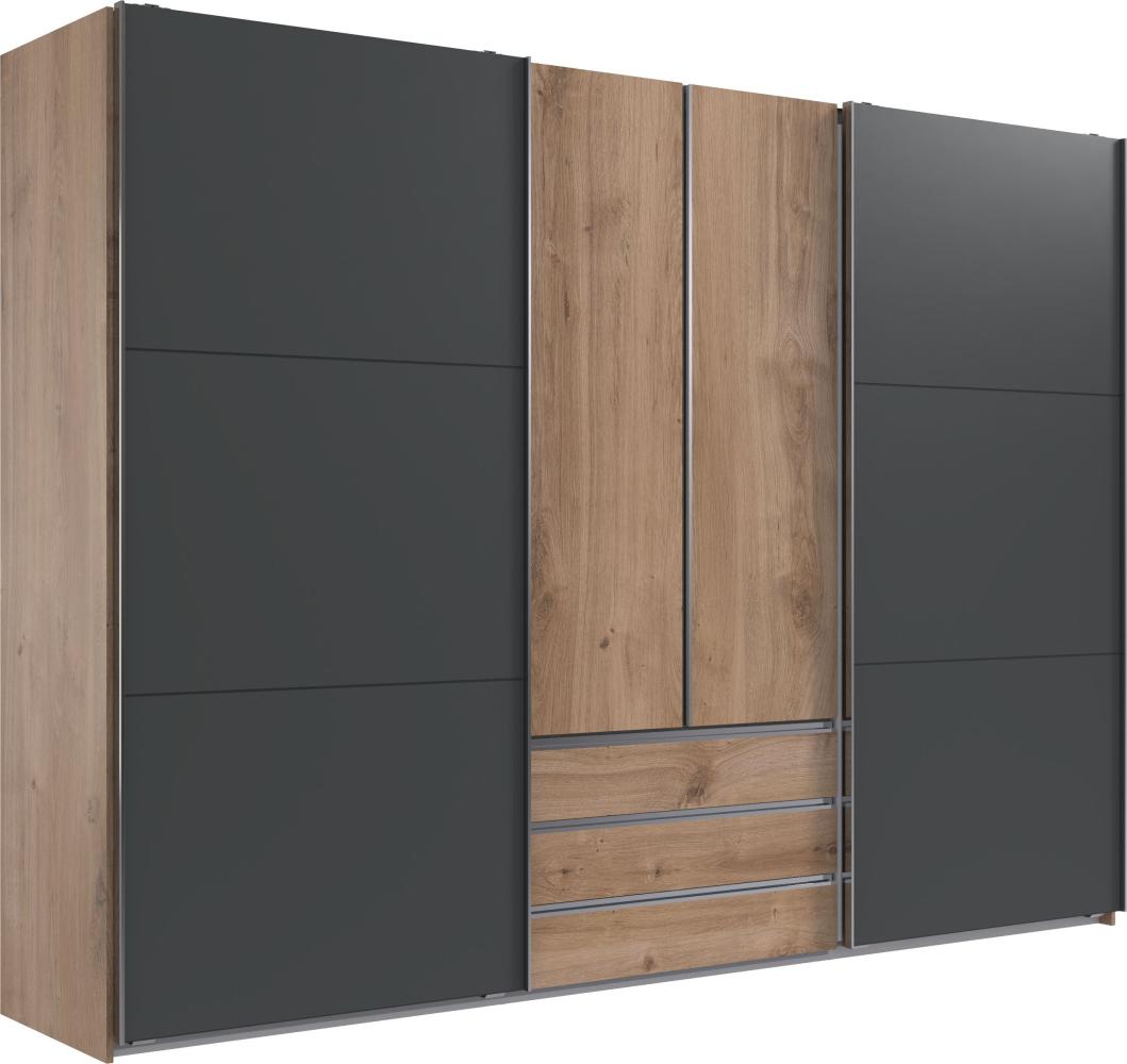 Schwebetürenschrank >MAGIC< in PLANKENEICHE NB + GRAPHIT - 300x216x65cm (BxHxT) Bild 1