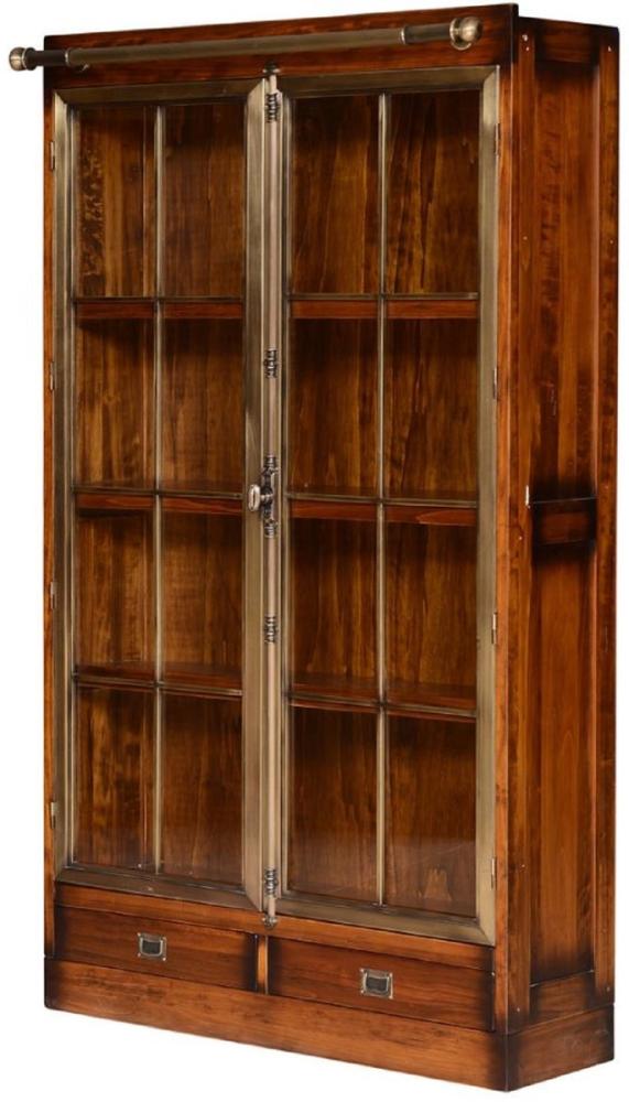 Casa Padrino Luxus Vintage Stil Vitrine Braun / Messing 105 x 34 x H. 185 cm - Massivholz Vitrinenschrank mit 2 Glastüren und 2 Schubladen - Massivholz Möbel - Vintage Stil Möbel - Luxus Möbel Bild 1