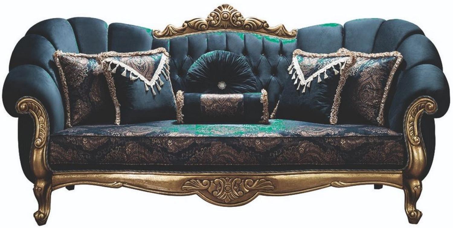 Casa Padrino Luxus Barock Sofa Blau / Gold 220 x 90 x H. 110 cm - Prunkvolles Wohnzimmer Sofa mit Glitzersteinen und dekorativen Kissen Bild 1