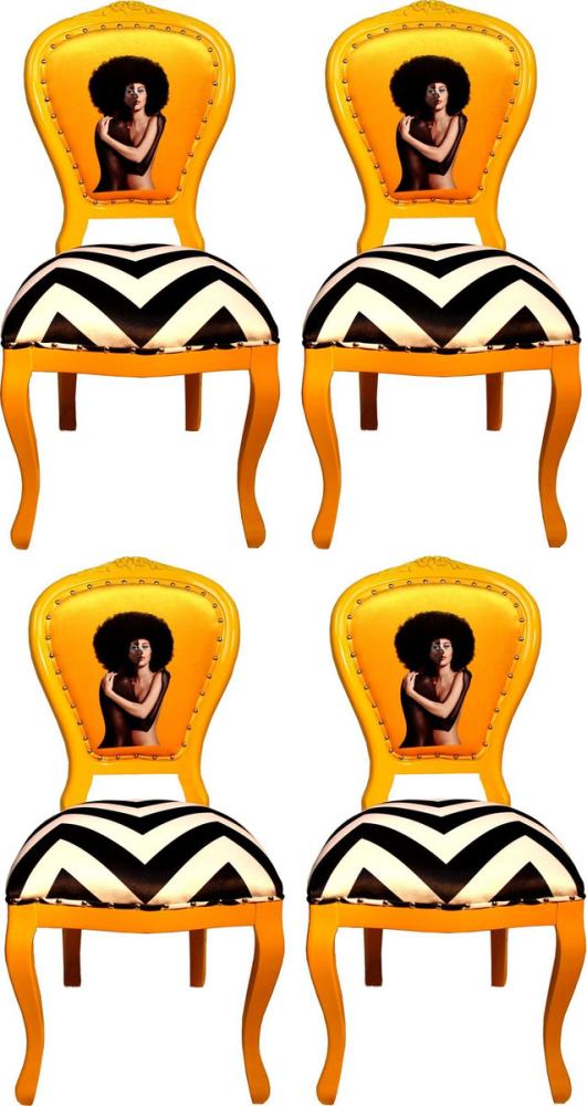 Casa Padrino Luxus Barock Esszimmer Set Schwarz / Weiß Streifen / Gelb 55 x 54 x H. 103 cm - 4 handgefertigte Designer Esszimmerstühle - Barock Esszimmermöbel Bild 1