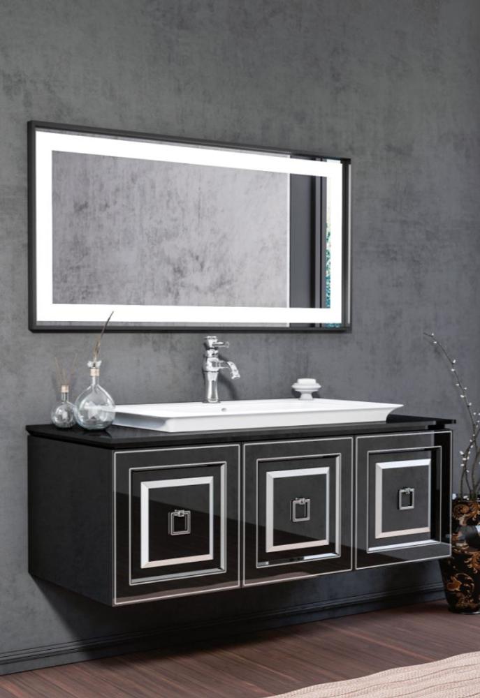 Casa Padrino Luxus Badezimmer Set Schwarz / Silber - 1 Waschtisch mit Waschbecken & 1 LED Wandspiegel - Luxus Badezimmer Möbel Bild 1
