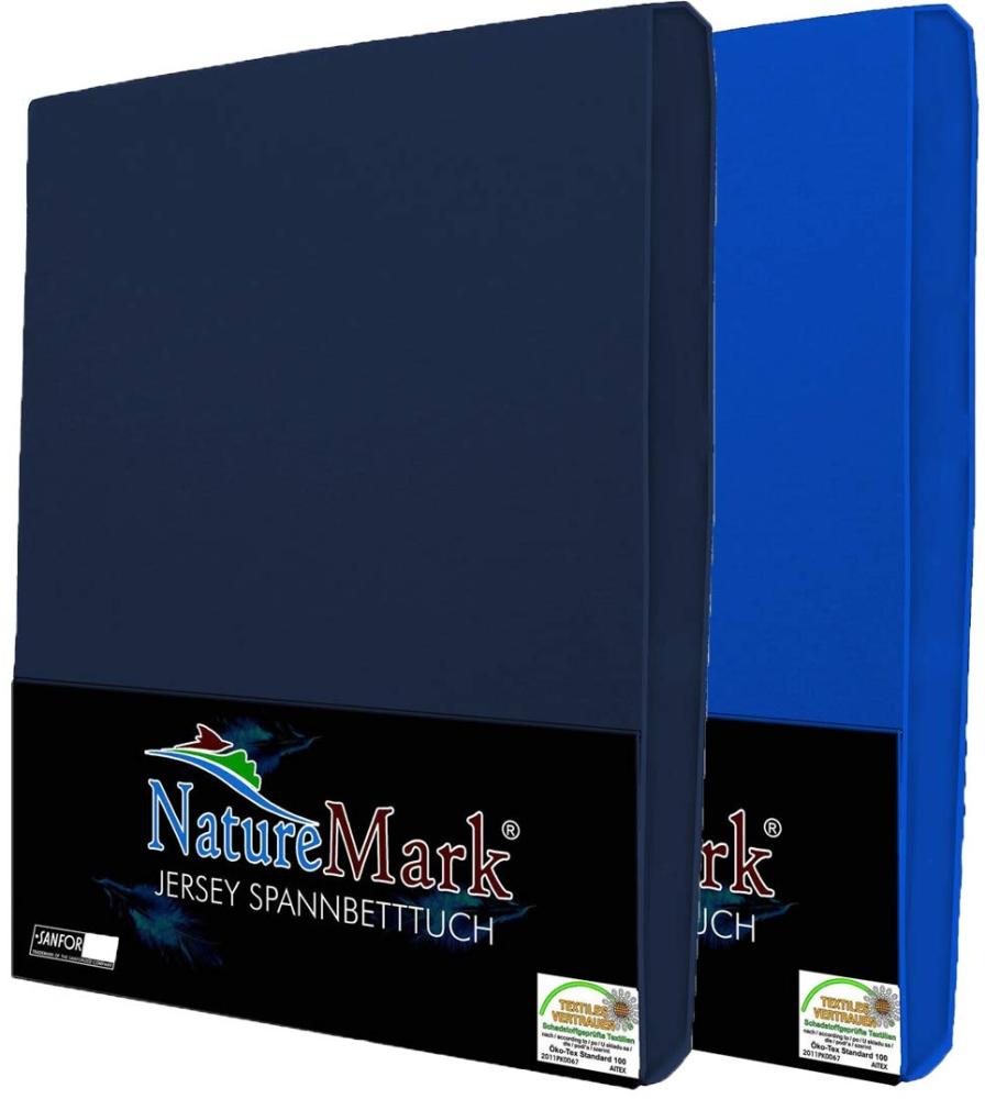 NatureMark 2er Pack Jersey Spannbettlaken, Spannbetttuch 100% Baumwolle in vielen Größen und Farben MARKENQUALITÄT ÖKOTEX Standard 100 | 140 x 200 cm - 160 x 200 cm - Navy/Royal Bild 1