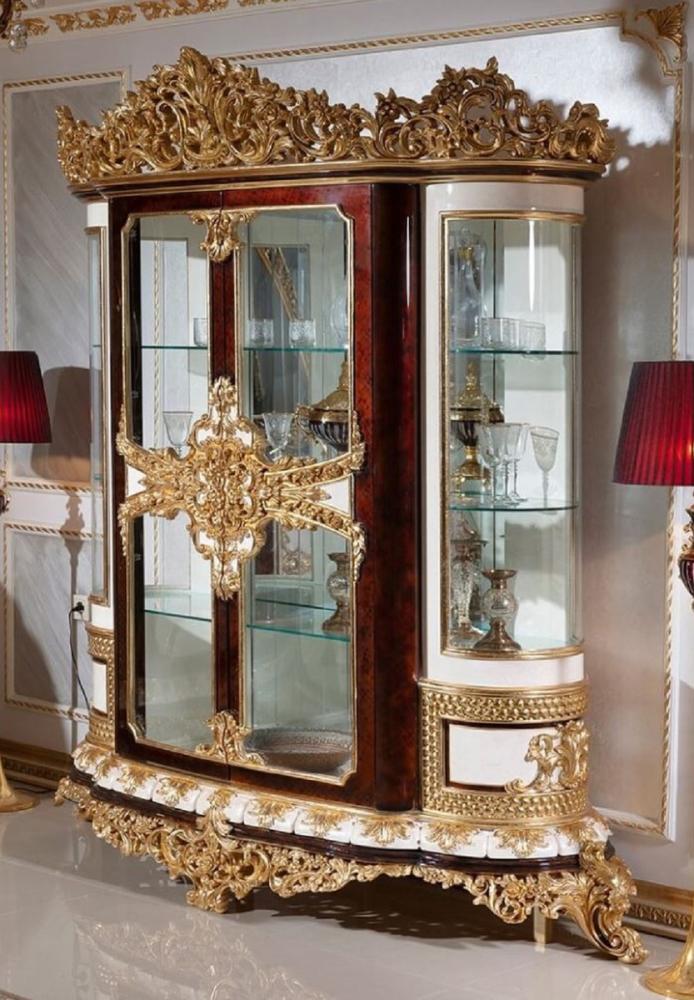 Casa Padrino Luxus Barock Vitrine Weiß / Braun / Gold - Prunkvoller Massivholz Vitrinenschrank mit 2 Glastüren - Barock Möbel - Edel & Prunkvoll Bild 1