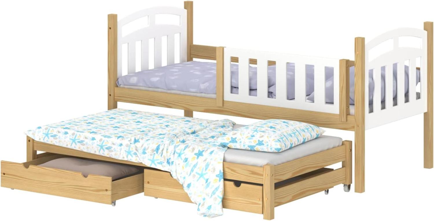 WNM Group Kinderbett mit Rausfallschutz und Lattenrost Suzie - aus Massivholz - Bett mit 2 Schubladen - 190x80/180x80 cm - Kiefer Bild 1