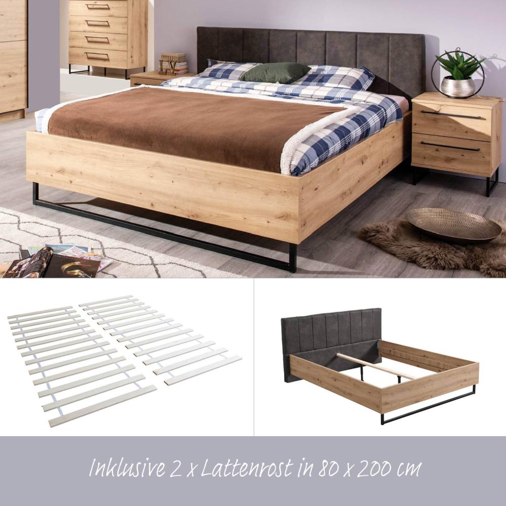 Doppelbett Holzbett Polsterbett 160x200 cm Bett Lattenrost Eiche Stoff Grau Industrial Style Bild 1