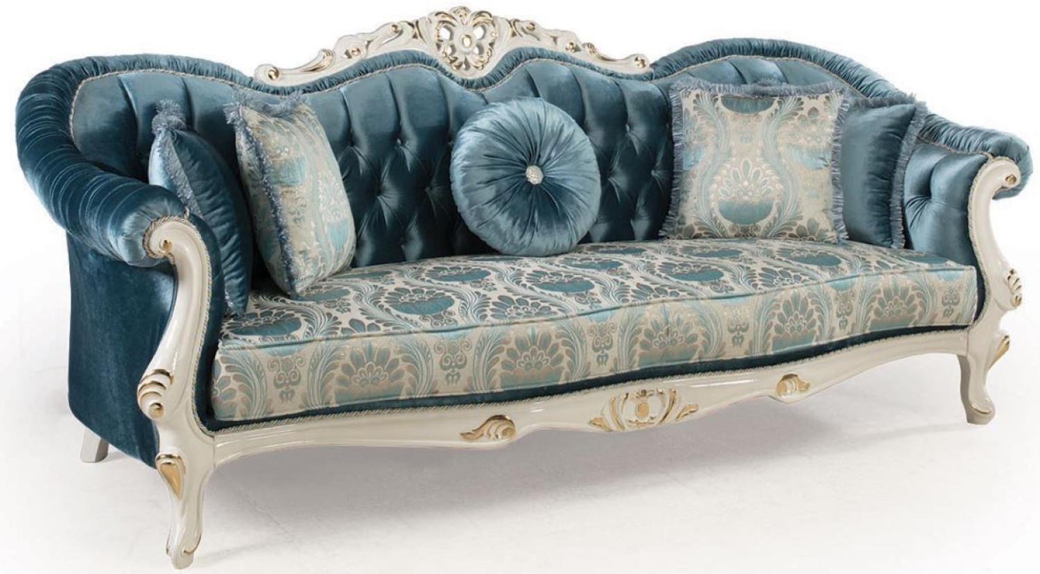 Casa Padrino Luxus Barock Wohnzimmer Sofa mit Kissen Blau / Weiß / Gold 240 x 87 x H. 99 cm - Barock Möbel - Edel & Prunkvoll Bild 1