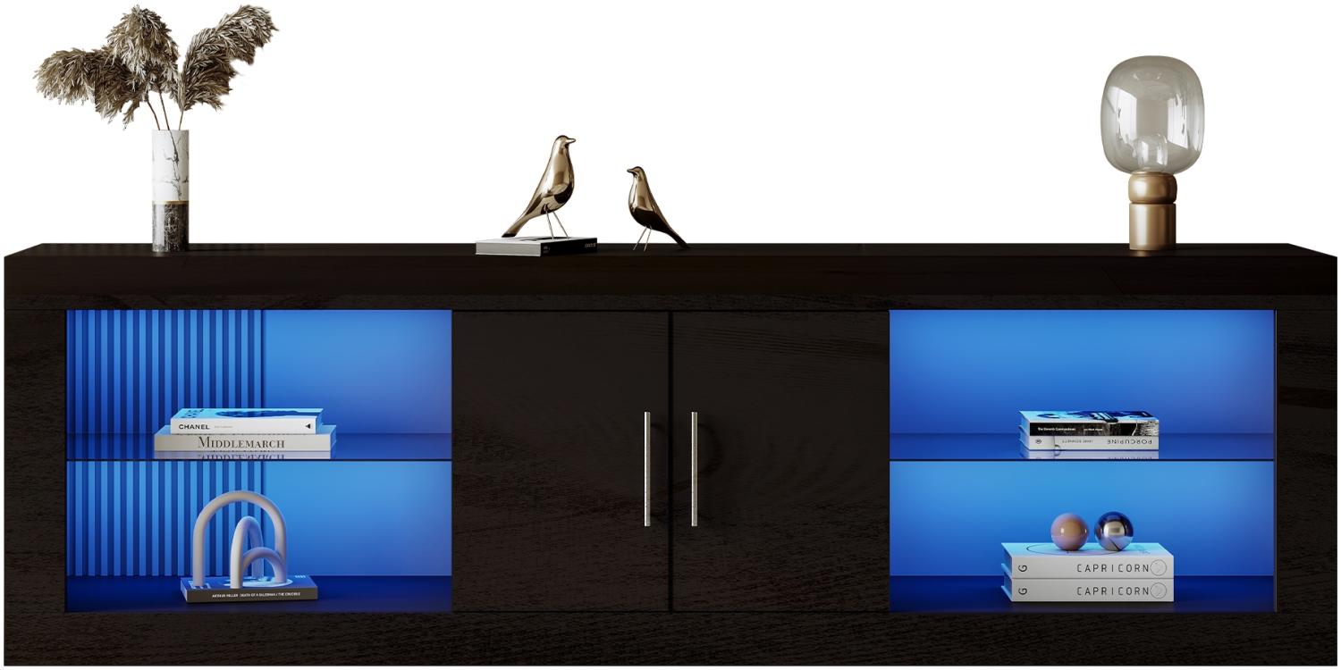 Merax Moderner schwarzer TV-Ständer für 60"-Fernseher; 16-Farben-LED, Bluetooth-Steuerung; Hochglanz-Schranktüren, verstellbare Einlegeböden, geräuschlose Scharniere, stilvoller Aufbewahrungsschrank Bild 1