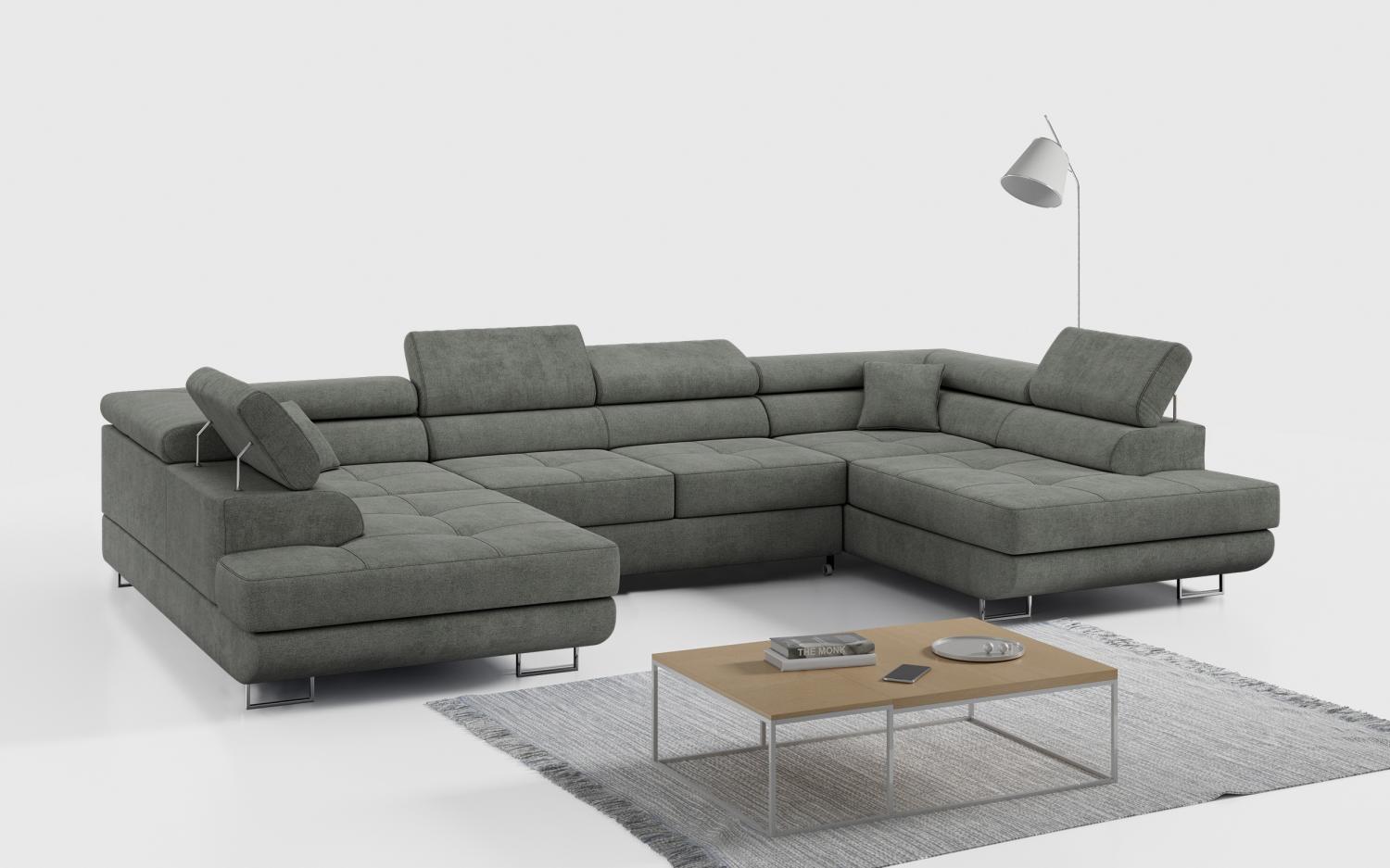 Ecksofa, Wohnzimmer U Couch, Polstersofa mit Bettkasten - GUSTAW-U - Grau Struktur Bild 1