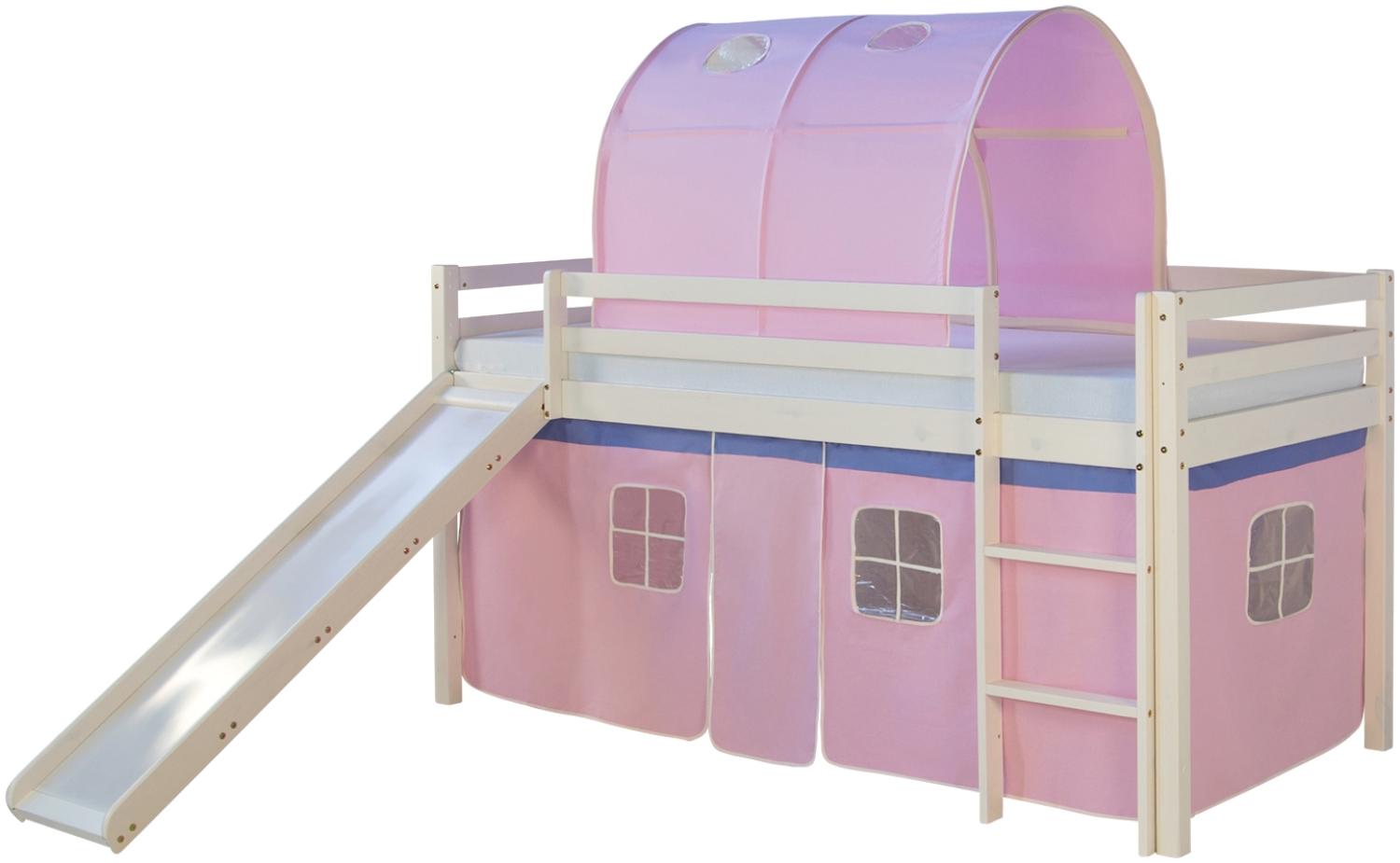 Homestyle4u Spielbett mit Tunnel und Rutsche, Rosa, Kiefernholz rosa / weiß, 90 x 200 cm Bild 1