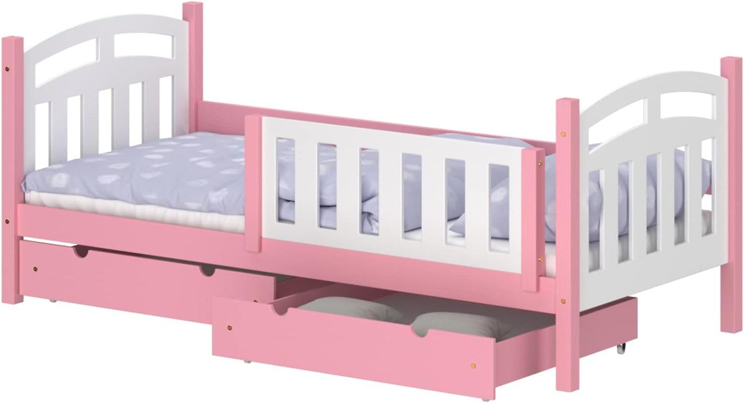 WNM Group Kinderbett mit Rausfallschutz Suzie - Jugenbett aus Massivholz - Bett mit 2 Schubladen für Mädchen und Jungen - Funktionsbett 200x90 cm - Rosa Bild 1