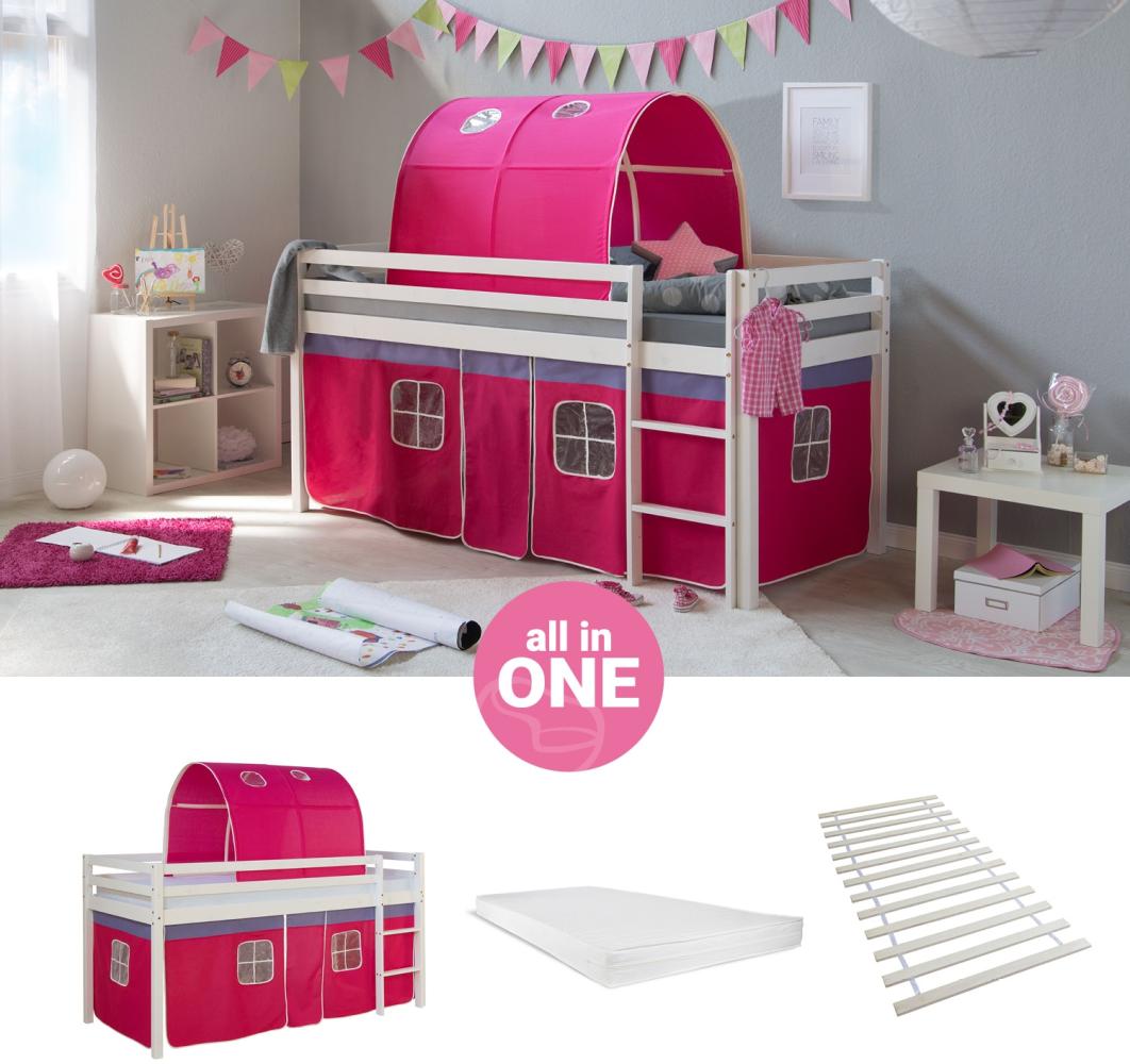 Homestyle4u Spielbett mit Tunnel, Pink, Kiefernholz pink / weiß, 90 x 200 cm Bild 1