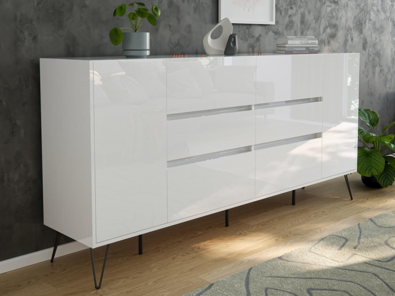 Design Sideboard Kommode Yako 200cm Greifraum 6 SoftClose 2 Türen Weiß hochglanz : Weiss hochglanz Bild 1