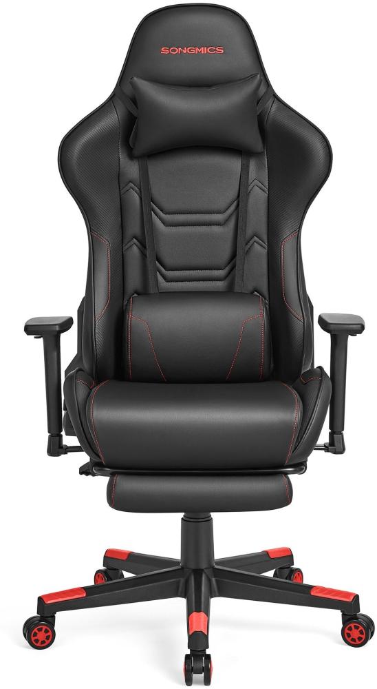 SONGMICS Gaming-Stuhl, Bürostuhl, ergonomisch, Fußstütze, Kopfkissen, bis 150 kg belastbar, schwarz-rot Bild 1