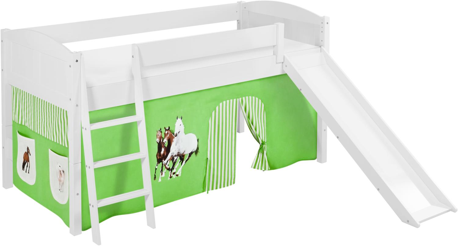 Lilokids 'Ida 4106' Spielbett 90 x 200 cm, Pferde Grün Beige, Kiefer massiv, mit Rutsche und Vorhang Bild 1