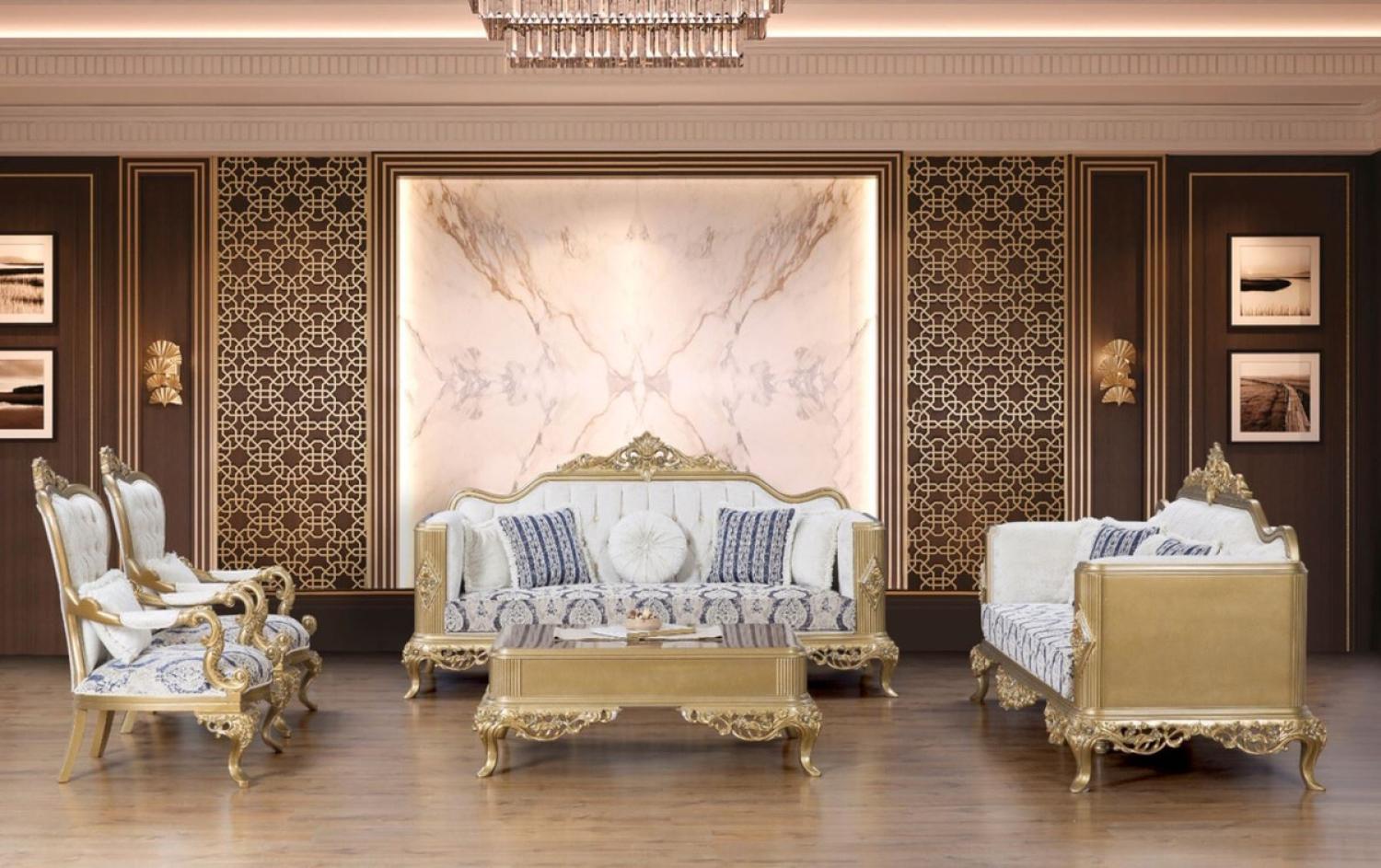 Casa Padrino Luxus Barock Wohnzimmer Set Blau / Weiß / Gold - 2 Sofas & 2 Sessel & 1 Couchtisch - Prunkvolle Barock Möbel - Wohnzimmer Möbel Bild 1