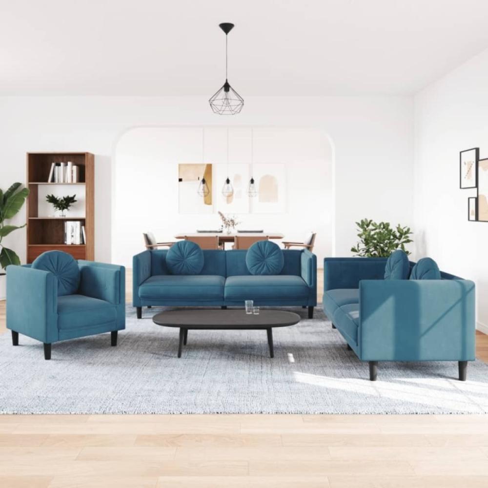 3-tlg. Sofagarnitur mit Kissen Blau Samt (Farbe: Blau) Bild 1